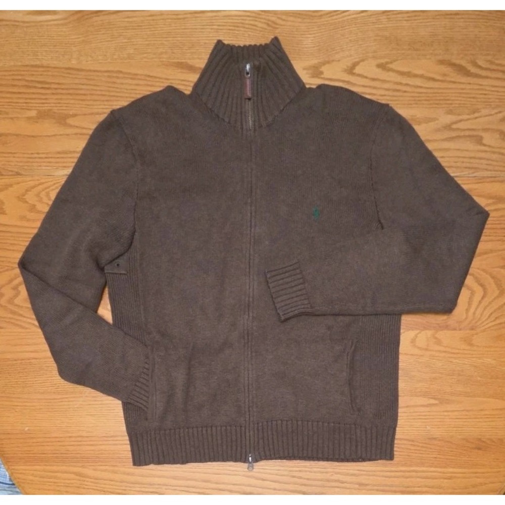 Vintage Polo Ralph Lauren Full Zip Sweater Mens Medium Brown Cotton Embroidered